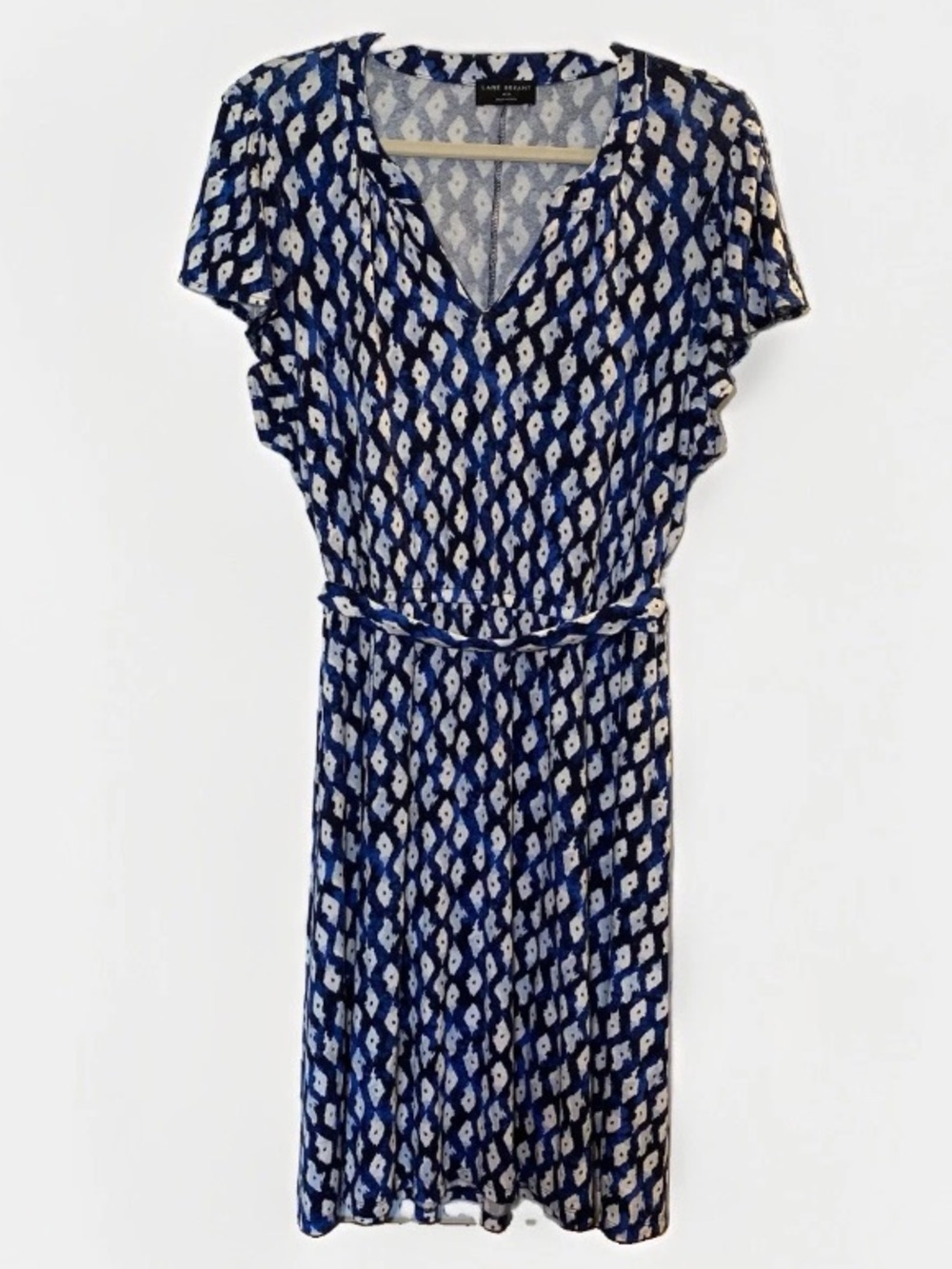 Lane Bryant 18/20 Midi Dress 2XL Blue White Floral Tie Waist V-neck Short Sleeve